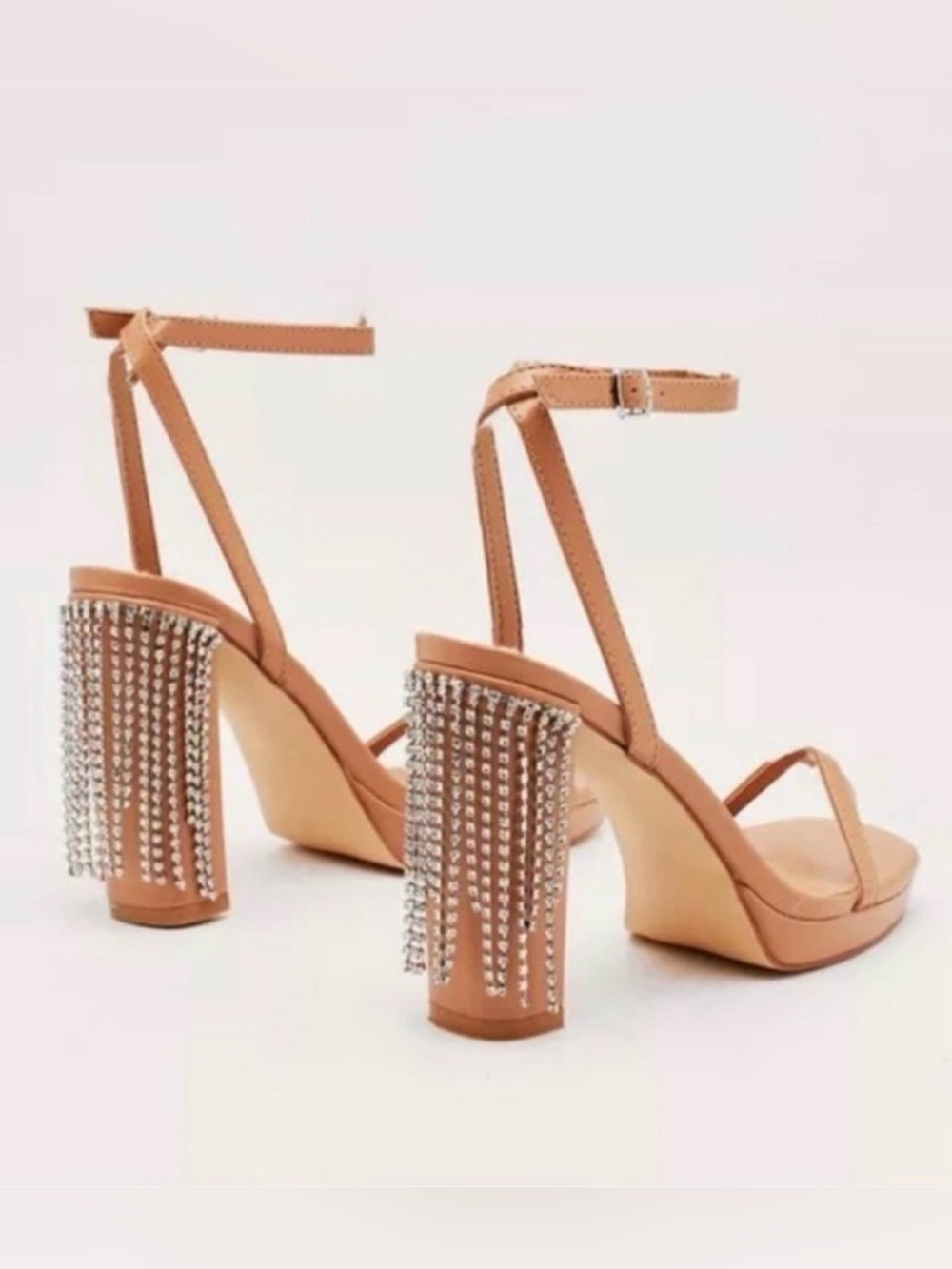 NIB Nasty Gal Tan Heeled Sandals with Rhinestone Fringe Accents 6